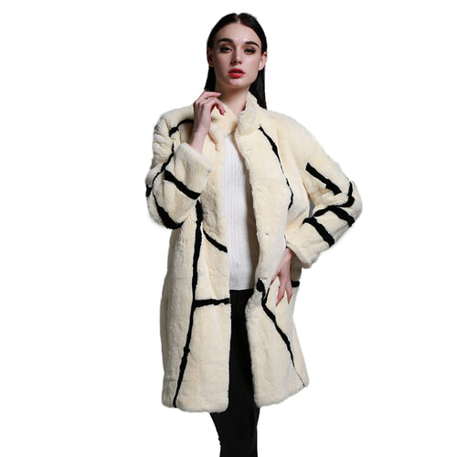Women's Natural Fur Coat Contrast Color Real Rex Rabbit Fur Coats  161212