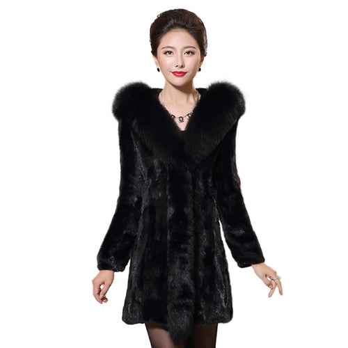 Women's Genuine Mink Fur Coat Women with Big Fox Fur Hood and Placket 16155