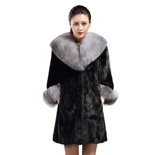 Women's Genuine Mink Fur Coat Women with Big Fox Fur Collar Female Overcoat 16173