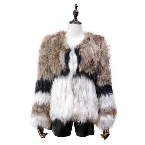 Women's Real Raccoon Fur Coat Winter Warm Contrast Color Patchwork Outwear 17107