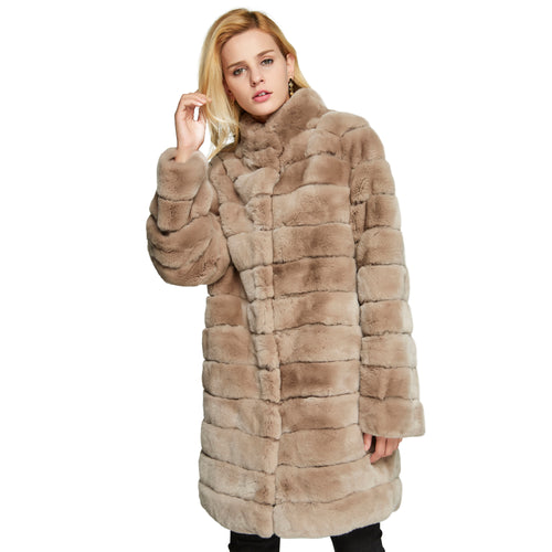 Women's Genuine Rabbit Fur Coat Women Stand-up Collar Long Women Jacket 18126