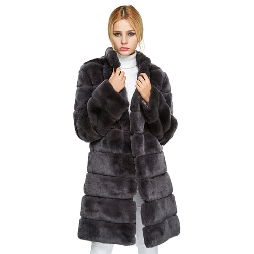 Women's Genuine Rabbit Fur Coat  Stand-up Collar Winter Overcoat Detachable 18136