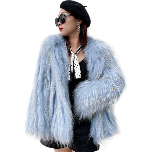 White Raccoon Dog Fur Stripe Woven Fur Coat Short Women's Slim Hood FS21110
