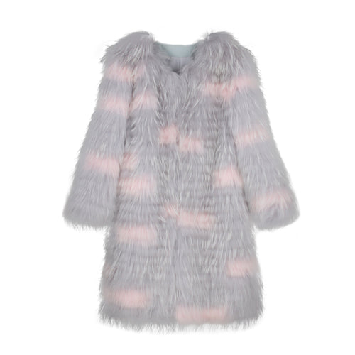 Winter Clothes Women Women's Raccoon Dog Fur Light Grey Stripe Long Lady Fur Coat FS21126