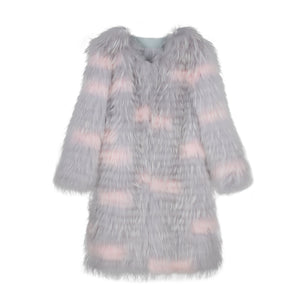 Winter Clothes Women Women's Raccoon Dog Fur Light Grey Stripe Long Lady Fur Coat FS21126