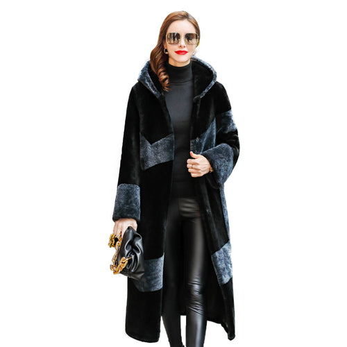 Women Coats and Jackets Winter Fur Coat Hooded Contrast Sheepskin Fur Women's Middle and Long Coat FS21138