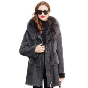 Winter 2021 Mink Fur Whole Mink with Sheep Fur Women's Coat Golden Island Fox Hooded Fur FS21139