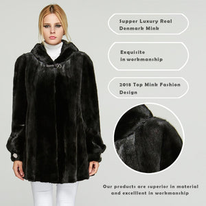 Fur Story FS18121 Women's Genuine Mink Fur Long Fur Coat with Fur Hood Winter Warm Jacket