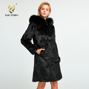 Womens Real Rabbit Fur Coat with Fox Hood Winter Spring jacket Female 151254