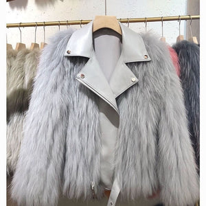 Winter Clothes Women Raccoon Dog Fur Car Stripe Fur Coat Women's Short Knitting Wool Suit Collar Locomotive Coat FS21125