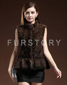 Women Vest Real Mink Fur Twill Stripes Skirt Hem Knitted 15269