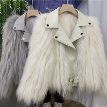 Load image into Gallery viewer, Winter Clothes Women Raccoon Dog Fur Car Stripe Fur Coat Women&#39;s Short Knitting Wool Suit Collar Locomotive Coat FS21125