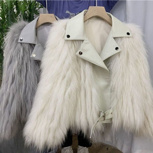 Winter Clothes Women Raccoon Dog Fur Car Stripe Fur Coat Women's Short Knitting Wool Suit Collar Locomotive Coat FS21125