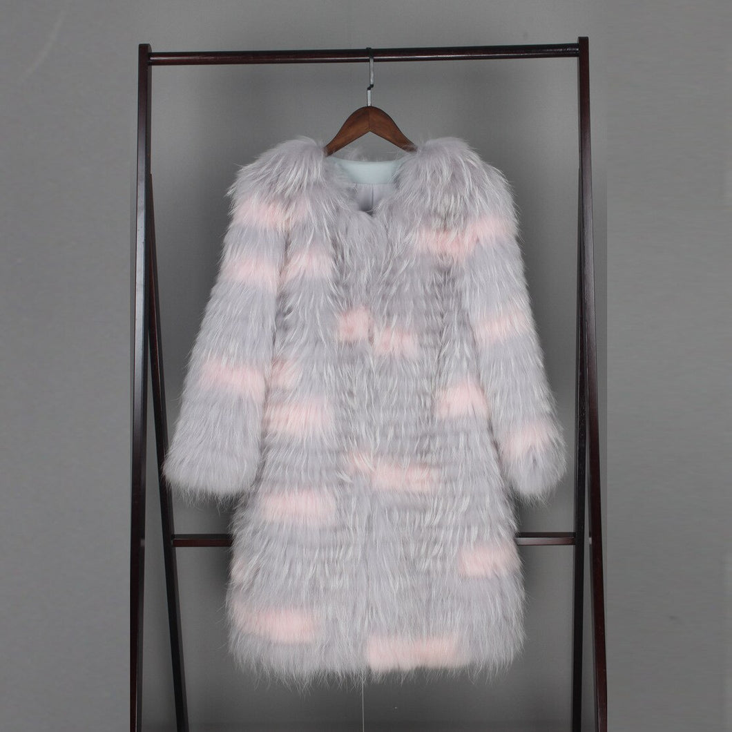 Winter Clothes Women Women's Raccoon Dog Fur Light Grey Stripe Long Lady Fur Coat FS21126