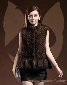 Women Vest Real Mink Fur Twill Stripes Skirt Hem Knitted 15269