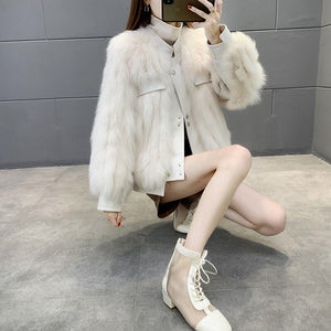 FS21108 Fox Fur Coat Women's Stand Collar Genuine Leather Locomotive Short Style Car Stripe Fur Coat Korean Version