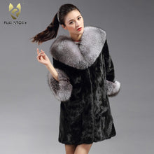 Load image into Gallery viewer, Women&#39;s Genuine Mink Fur Coat Women with Big Fox Fur Collar Female Overcoat 16173