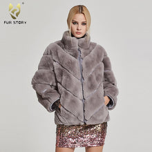 Load image into Gallery viewer, Women&#39;s Coats Real rabbit Fur Coat with Bat Sleeve Winter jacket Stand collar 17156