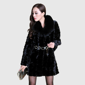 Real Mink Fur Coat Fox Fur Collar Jacket Overcoat Ladies' Garment Black FS13061