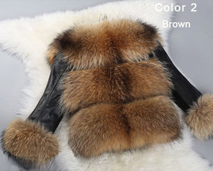 Women Short Real Raccoon Fur Coat with Genuine Sheep Leather Sleeve Jacket 16145