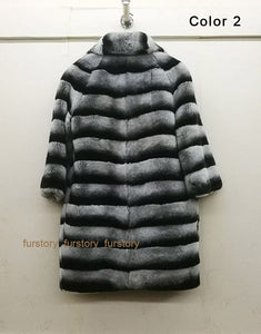 Women's Rabbit Fur Coat Chinchilla Color Turn-down Collar Overcoat 16190