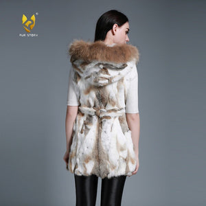 Women's Rabbit Fur Vest Hood Slim Belt Real Fur Waistcoat Female vests 15275