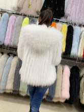 Load image into Gallery viewer, Women Stripe Hooded Medium Length White Raccoon Fur Coat 21120