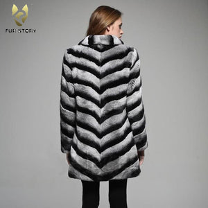 Women's Genuine Rabbit Fur Coat Chinchilla Color Long Sleeve Fur Coat 16127