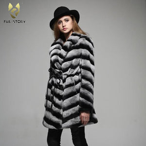 Women's Genuine Rabbit Fur Coat Chinchilla Color Long Sleeve Fur Coat 16127