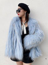 Load image into Gallery viewer, White Raccoon Dog Fur Stripe Woven Fur Coat Short Women&#39;s Slim Hood FS21110