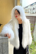 Load image into Gallery viewer, White Raccoon Dog Fur Stripe Woven Fur Coat Short Women&#39;s Slim Hood FS21110
