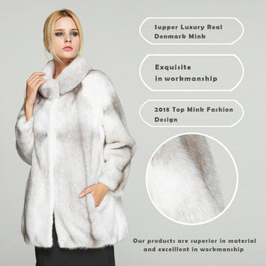 Fur Story FS18119 Women's Genuine Mink Fur Coat Stand-up Collar Overcoat