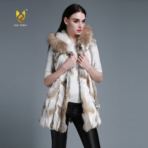 Women's Rabbit Fur Vest Hood Slim Belt Real Fur Waistcoat Female vests 15275