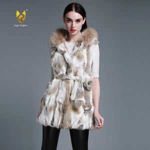 Women's Rabbit Fur Vest Hood Slim Belt Real Fur Waistcoat Female vests 15275