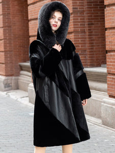 FS21117 Real Fur Coat  Fox Fur Hooded Mink Fur Whole Mink Fur Fur Coat Sheep Fur Integrated Women's Coat