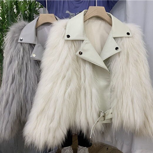 Winter Clothes Women Raccoon Dog Fur Car Stripe Fur Coat Women's Short Knitting Wool Suit Collar Locomotive Coat FS21125
