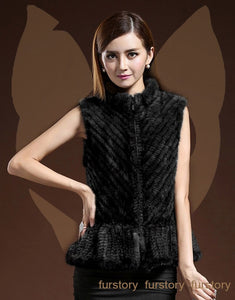 Women Vest Real Mink Fur Twill Stripes Skirt Hem Knitted 15269