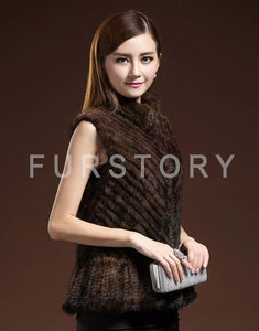 Women Vest Real Mink Fur Twill Stripes Skirt Hem Knitted 15269