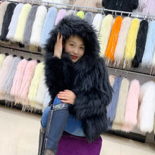 Load image into Gallery viewer, Women Stripe Hooded Medium Length White Raccoon Fur Coat 21120