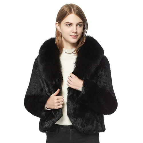 Genuine rabbit fur coat Finland fox fur collar womens' overcoat jacket 010157