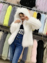 Load image into Gallery viewer, Women Stripe Hooded Medium Length White Raccoon Fur Coat 21120