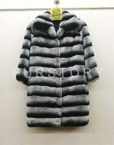 Women's Rabbit Fur Coat Chinchilla Color Turn-down Collar Overcoat 16190