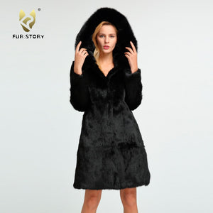 Womens Real Rabbit Fur Coat with Fox Hood Winter Spring jacket Female 151254