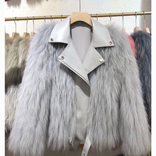 Load image into Gallery viewer, Winter Clothes Women Raccoon Dog Fur Car Stripe Fur Coat Women&#39;s Short Knitting Wool Suit Collar Locomotive Coat FS21125
