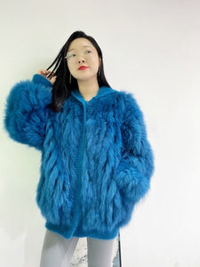 Fur Coat Women  Autumn and Winter 2021 New Fox Hair Car Stripe Mink Fur Women's Mid Long Hooded Coat Knitted Loose Coat FS21115