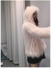 Load image into Gallery viewer, White Raccoon Dog Fur Stripe Woven Fur Coat Short Women&#39;s Slim Hood FS21110