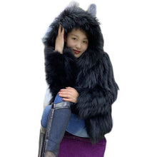 Load image into Gallery viewer, Women Stripe Hooded Medium Length White Raccoon Fur Coat 21120
