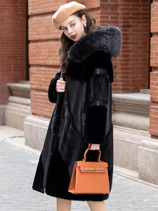 FS21117 Real Fur Coat  Fox Fur Hooded Mink Fur Whole Mink Fur Fur Coat Sheep Fur Integrated Women's Coat