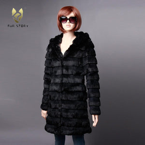 Women's Genuine Rabbit Fur Coat Women with Big Hoodie Outwear 151255