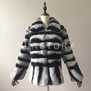 Women's Genuine Rabbit Fur Coat with Big Turn Down Collar Chinchilla Color 15190
